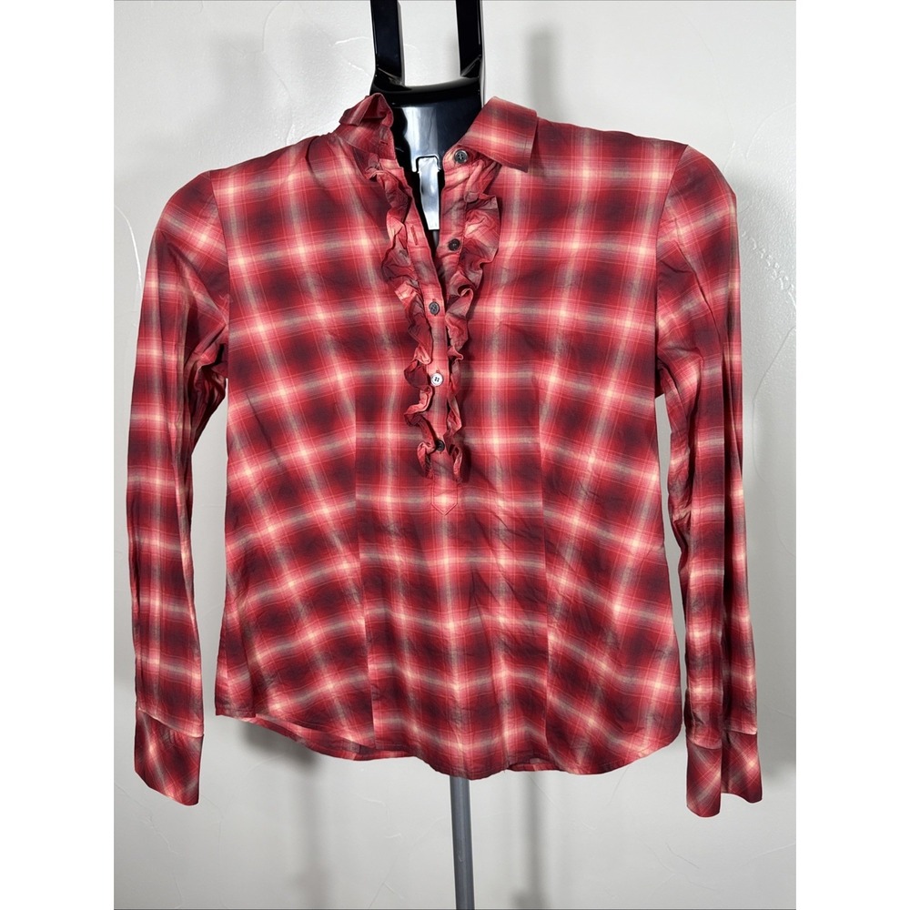 Talbots Womens Petite Long Sleeve Plaid 1/2 Button-Down Shirt 2P Ruffles